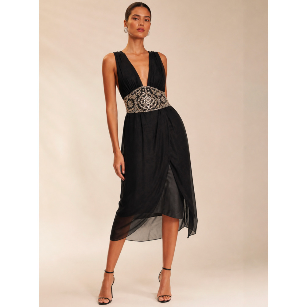Mandalay Black Silk Beaded Empire Waist Midi Dress Size 10